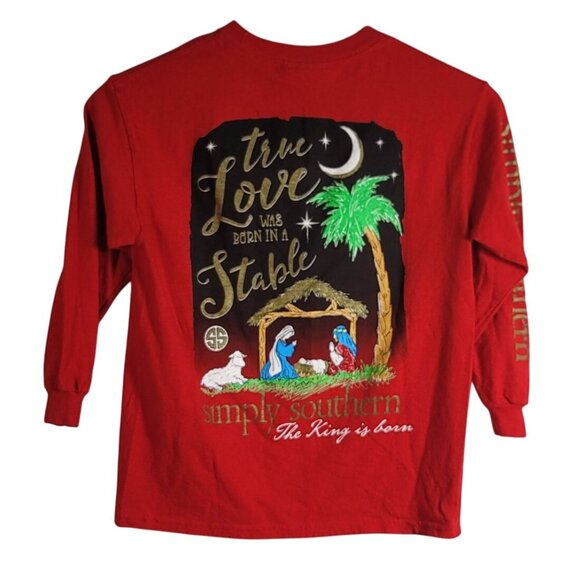Simply Southern Christimas T Shirt Red Small Long Sleeve The King is Born Stable - Picture 1 of 6